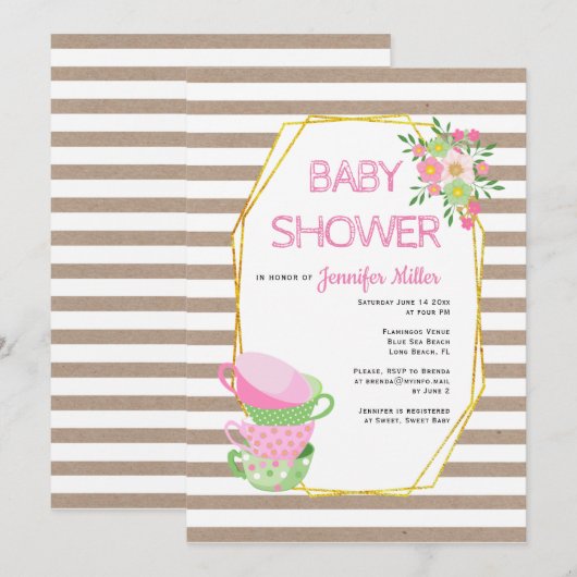 Baby shower goudveelhoekige florthee kaart (Voorkant / Achterkant)