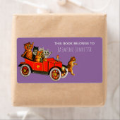Baby shower Grappige Cartoon Cats Retro Auto Paars Etiket (Insitu)