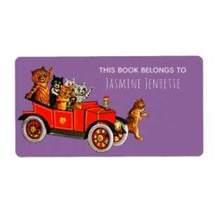 Baby shower Grappige Cartoon Cats Retro Auto Paars Etiket