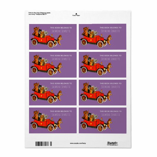 Baby shower Grappige Cartoon Cats Retro Auto Paars Etiket (Full Sheet)