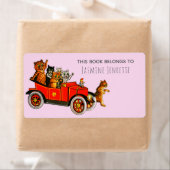 Baby shower Grappige Cartoon Cats Retro Auto Paars Etiket (Insitu)