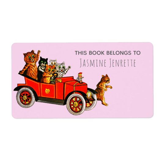 Baby shower Grappige Cartoon Cats Retro Auto Paars Etiket (Voorkant)