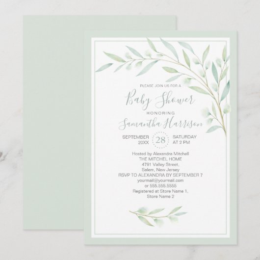 Baby shower Greenery Elegant Waterverf Foliage Kaart (Voorkant / Achterkant)