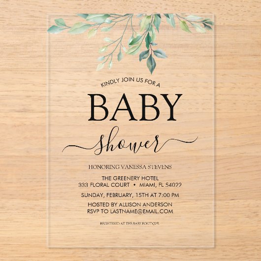 Baby shower Greenery Eucalyptus Acryl Uitnodigingen (Voorkant)