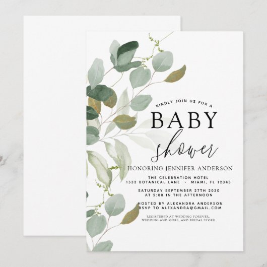 Baby shower Greenery Eucalyptus Invitation Kaart (Voorkant / Achterkant)