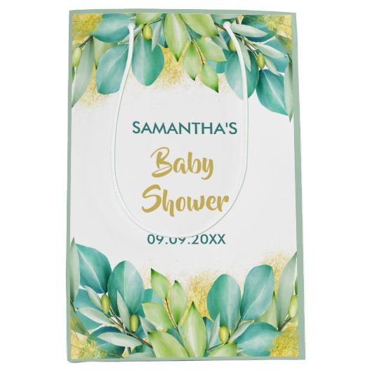 Baby shower Greenery Eucalyptus Leaves Olive Medium Cadeauzakje (Voorkant)