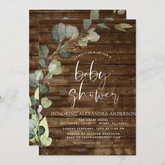 Baby shower Greenery Eucalyptus Rustic Kaart (Voorkant / Achterkant)