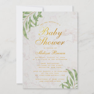 Baby shower Greenery Marble Faux Gold Foil Script Kaart