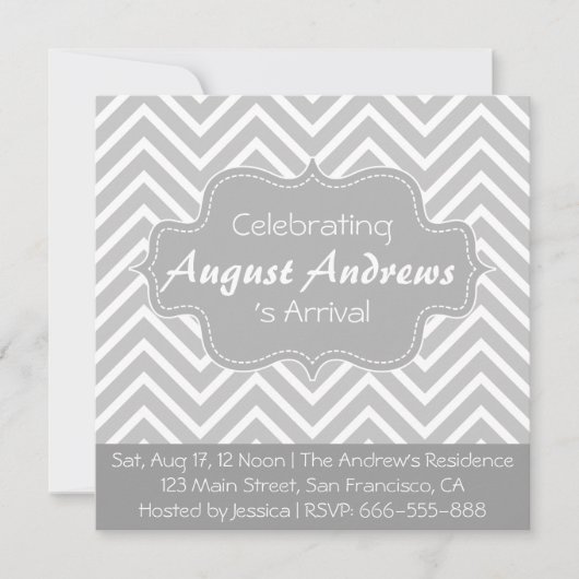 Baby Shower: Grijs en Wit Chevron Patroon Kaart (Voorkant)