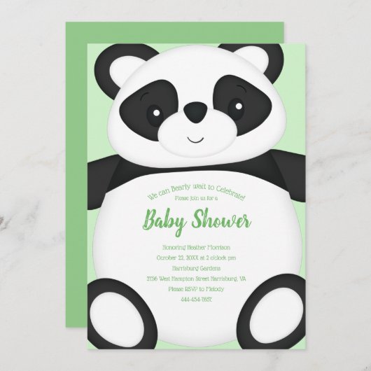 Baby shower Groen Beer Panda Kaart (Voorkant / Achterkant)