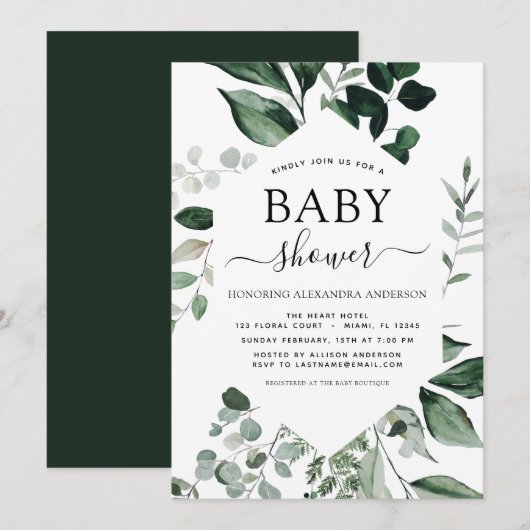 Baby shower Groen Botanische Waterverf Invitati Kaart (Voorkant / Achterkant)
