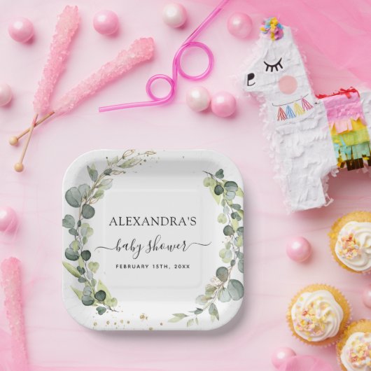 Baby shower Groen Elegante Waterverf Bohemian Papieren Bordje (Feest)