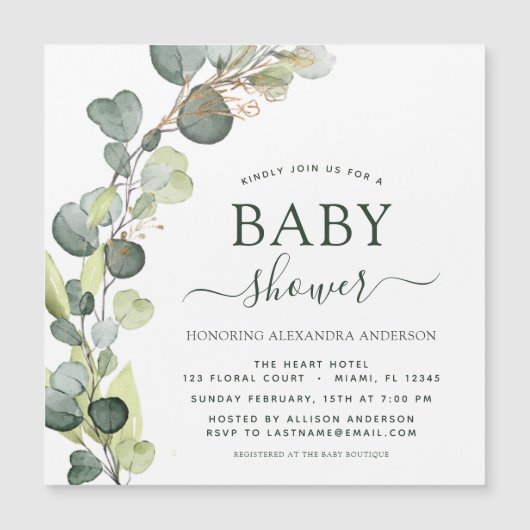 Baby shower groen Eucalyptus Botanisch Elegant Magnetische Uitnodiging (Voorkant)