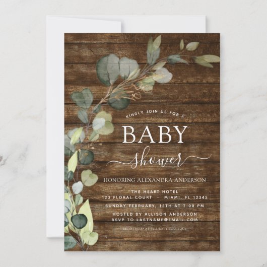 Baby shower groen eucalyptus sappig rustiek kaart (Voorkant)