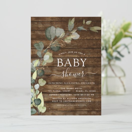 Baby shower groen eucalyptus sappig rustiek kaart (Staand voorkant)