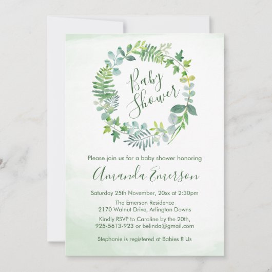 Baby shower groen krans botanisch kaart (Voorkant)