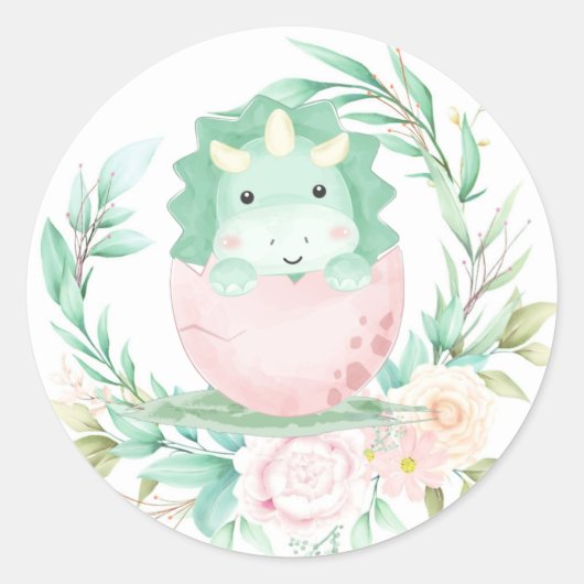 Baby shower Groen roze duinosaur Ronde Sticker (Voorkant)