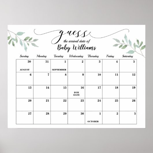 Baby Shower Groene Gokkalender Verwachte Bevalling Poster (Voorkant)