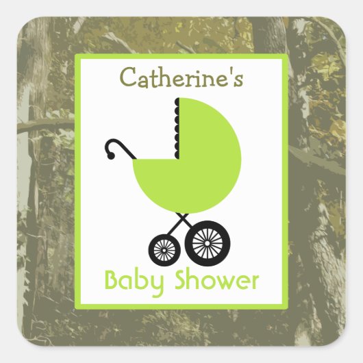 Baby shower Groene Koets & Camouflage Vierkante Sticker (Voorkant)