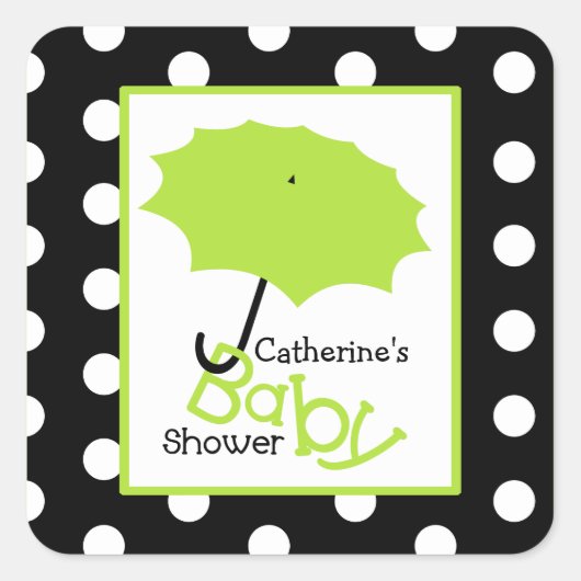 Baby shower Groene Paraplu & Polka Dots Vierkante Sticker (Voorkant)