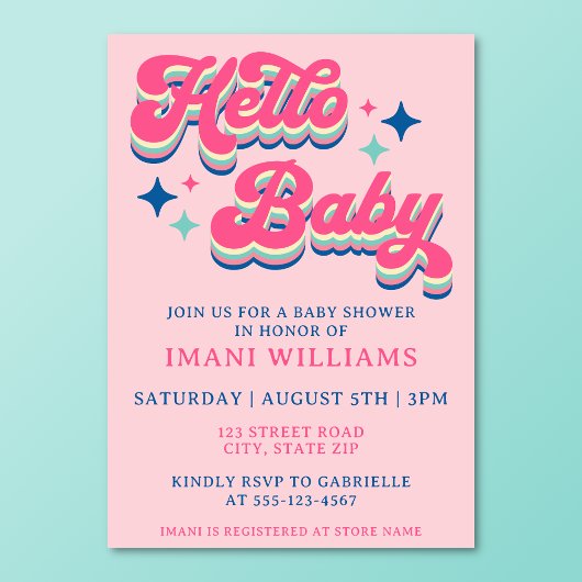 Baby shower Groovy Retro Typografie Roze Kaart