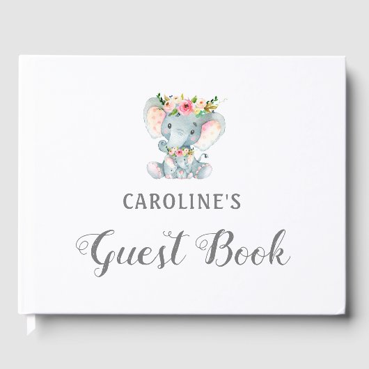 Baby shower Guest Book, Floral Elephant Gastenboek (Voorkant)
