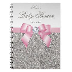 baby shower Guestbook Faux Silver Sequins Pink Bow Notitieboek