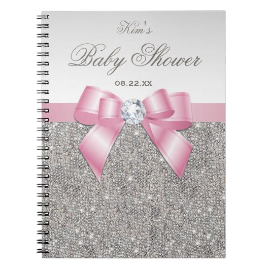 baby shower Guestbook Faux Silver Sequins Pink Bow Notitieboek (Voorkant)