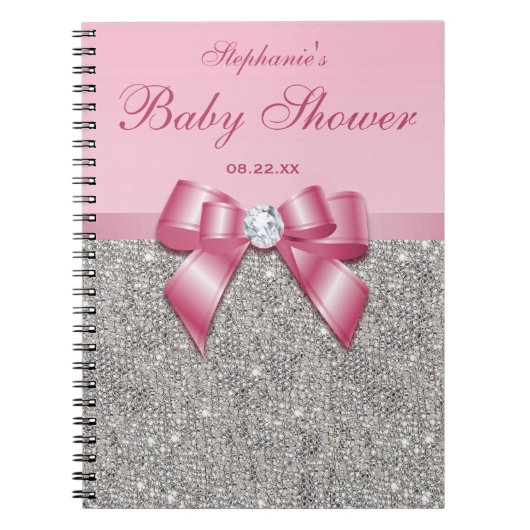 baby shower Guestbook Silver Sequins Pink Bow Notitieboek (Voorkant)