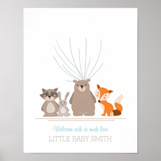 Baby shower guestbook vingerafdruk bosbos blauw poster (Voorkant)