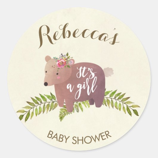 baby shower gunst sticker woodland beer meisje (Voorkant)