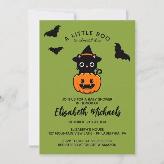 BABY SHOWER | Halloween Cute Cat Witch Notitiekaartje (Voorkant)