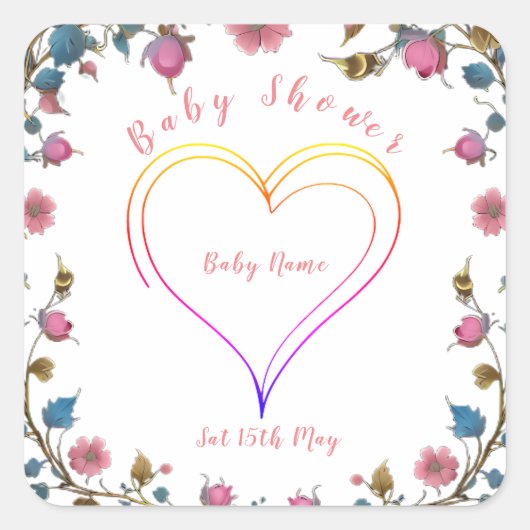 Baby shower hart vierkante sticker (Voorkant)