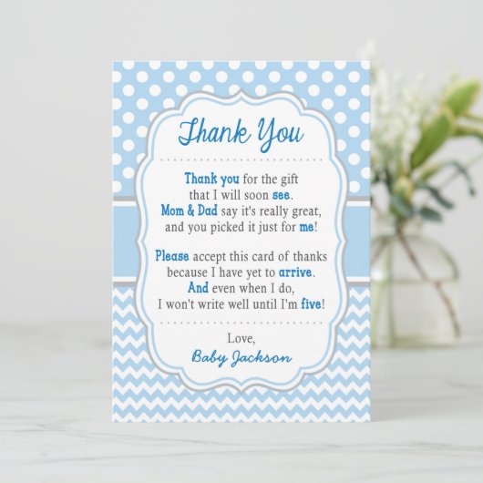 baby shower Hartelijk dank | Baby Blue Polka Dots Bedankkaart (Staand voorkant)