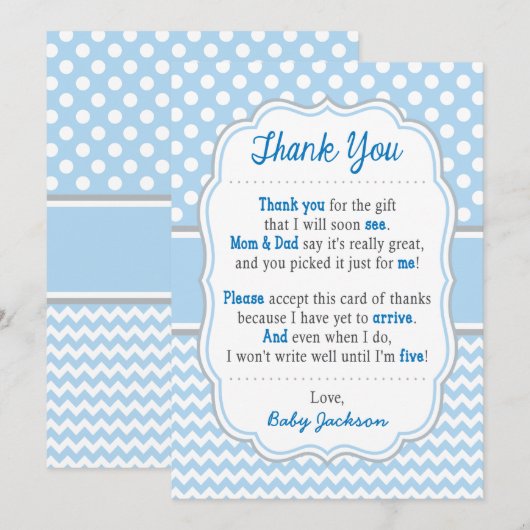baby shower Hartelijk dank | Baby Blue Polka Dots Bedankkaart (Voorkant / Achterkant)