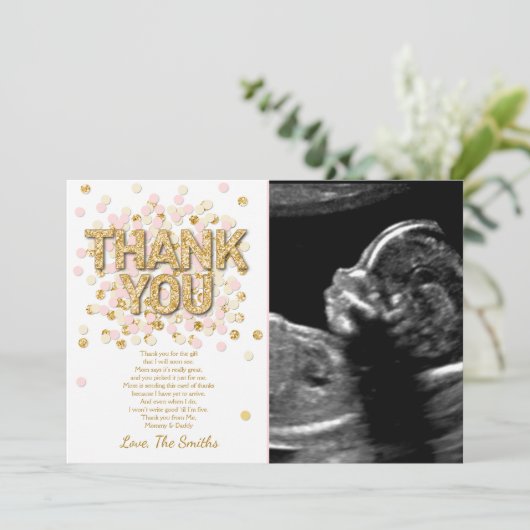 baby shower Hartelijk dank Confetti Gold Roze meis Bedankkaart (Staand voorkant)