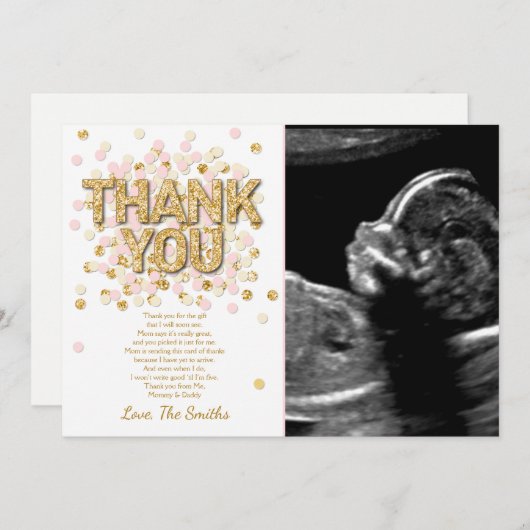 baby shower Hartelijk dank Confetti Gold Roze meis Bedankkaart (Voorkant / Achterkant)