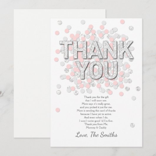 baby shower Hartelijk dank Confetti Silver roze Bedankkaart (Voorkant / Achterkant)