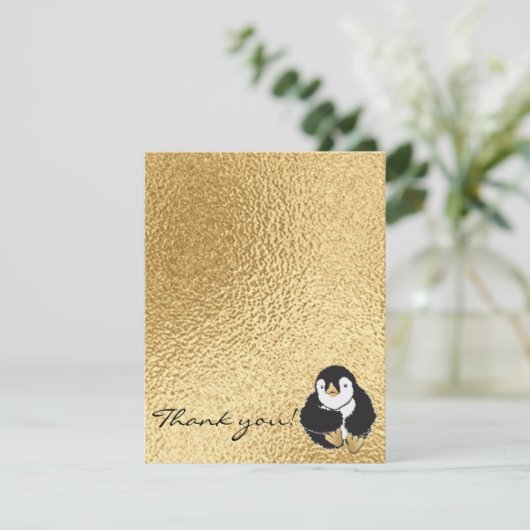 baby shower Hartelijk dank, "Penguin Gold" Bedankkaart (Staand voorkant)