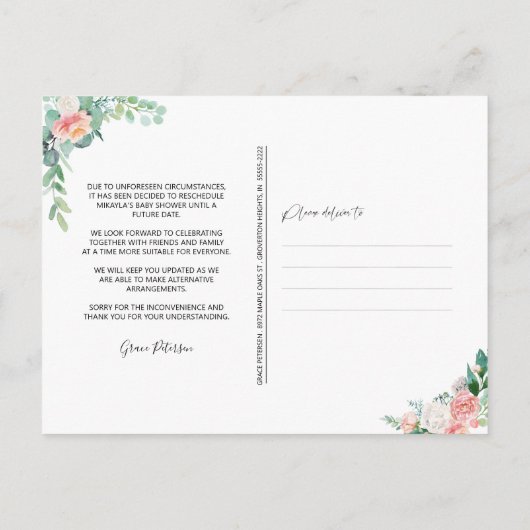 Baby shower herschikt Blush Pink Floral Aankondigingskaart (Achterkant)