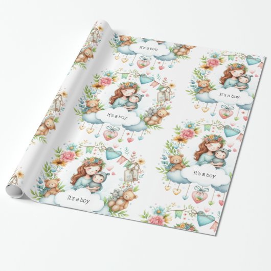 Baby shower Het is een Boy Blue Wrapping Paper Cadeaupapier (Uitgerold)