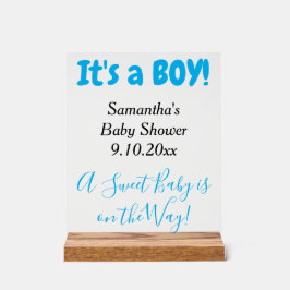 Baby shower Het is een Boy White Blue NAAM Wissen Acryl Bord