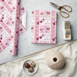 Baby shower het is een Girl Pink Birds Wrapping Pa Cadeaupapier