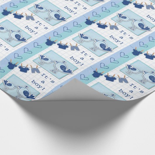 Baby shower Het is een jongen blauwe vogels Cadeaupapier (Hoek)