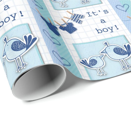 Baby shower Het is een jongen blauwe vogels Cadeaupapier (Rol Hoek)