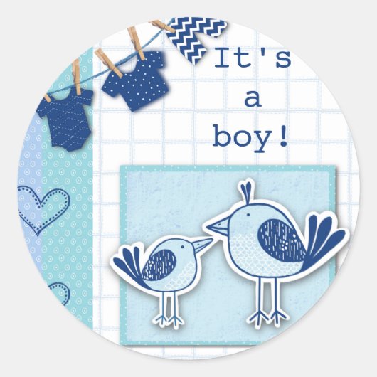  Baby Shower Het Is Een Jongen Blauwe Vogels Ronde Sticker (Voorkant)