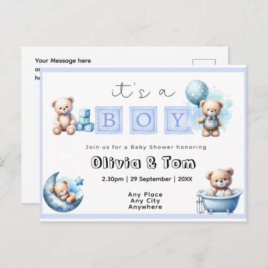 Baby shower - Het is een jongen! Knuffel Beren. be Briefkaart (Voorkant / Achterkant)