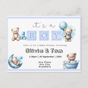 Baby shower - Het is een jongen! Knuffel Beren. be Briefkaart
