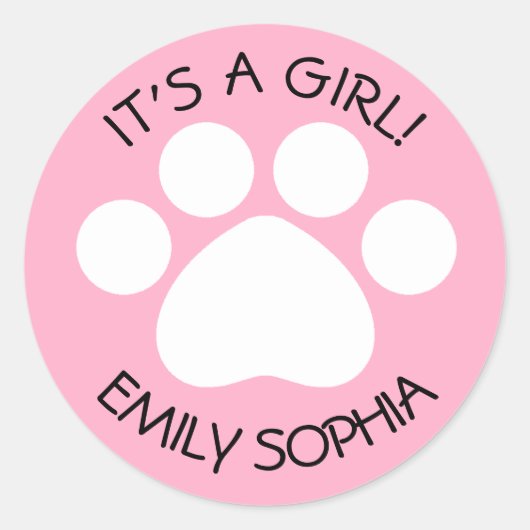 Baby shower - Het is een meisje - Paw Print Theme Ronde Sticker (Voorkant)
