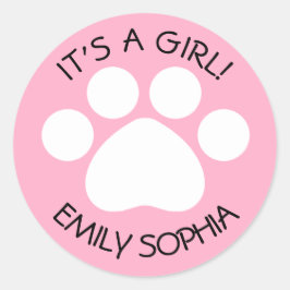 Baby shower - Het is een meisje - Paw Print Theme Ronde Sticker
